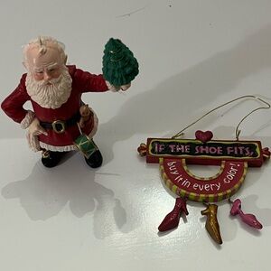 Christmas Ornament if the shoe fits and Santa Claus Figurine with Christmas Tree